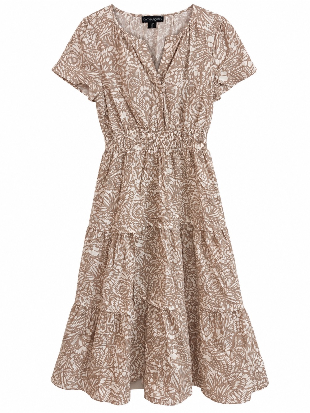 Cynthia Rowley Fall Maxi Dress Taupe Floral Tiered Smocked Waist XL